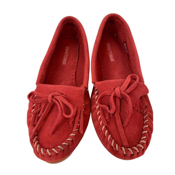 New Minnetonka Red Suede Moccasin Mocs Flats Loafer Size 8.5  Q10139 Whipstitch - Picture 2 of 8
